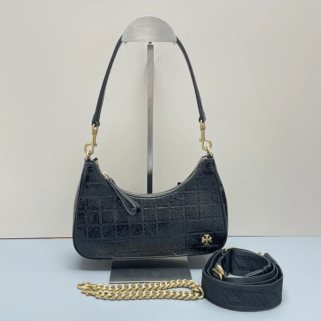 95新 TORY BURCH/汤丽柏琦 mercer黑色漆皮腋下包22*13*5EM122502