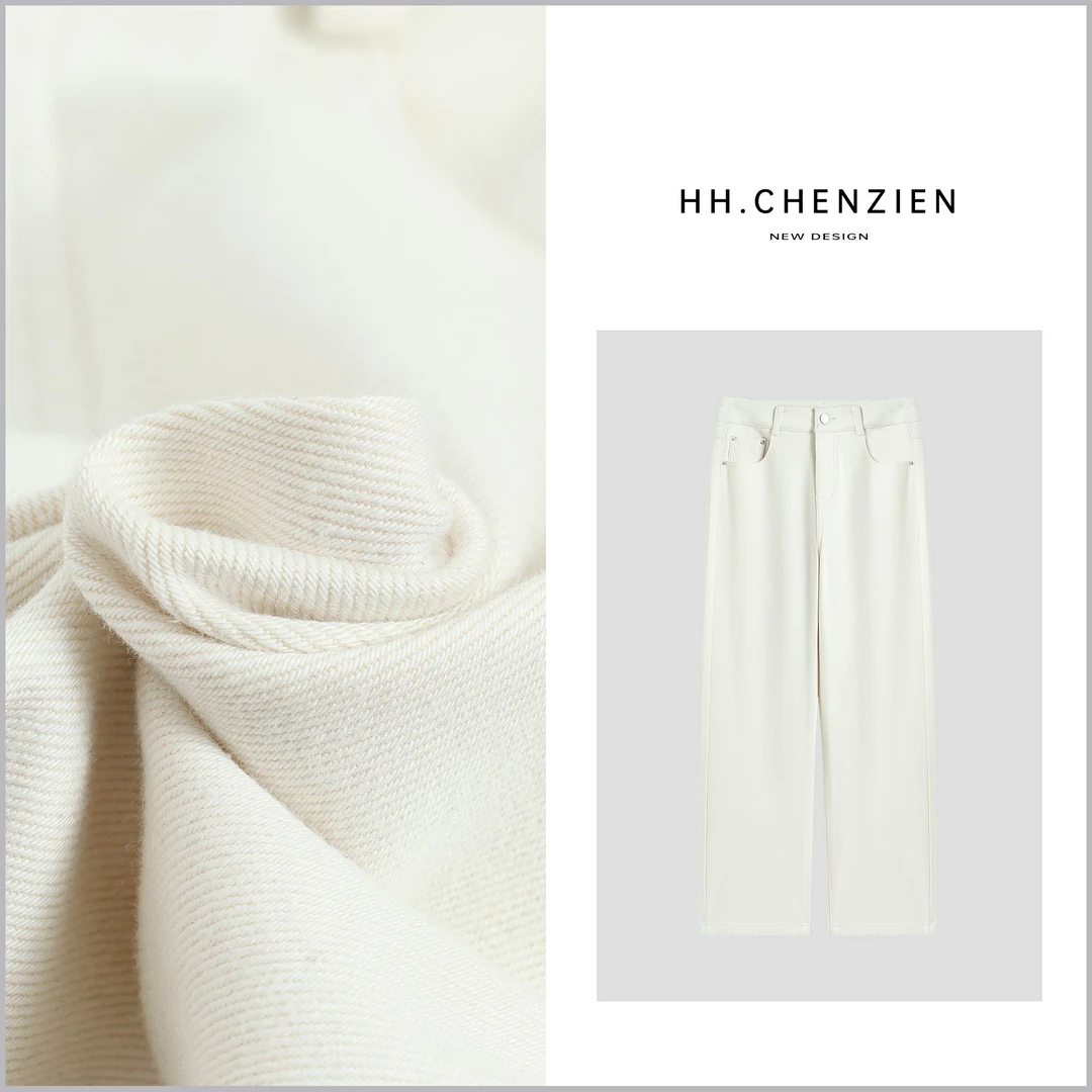 【黑黑家】“秋冬款拉绒法棍裤”秋款女新款小口袋单扣设计直筒牛仔裤