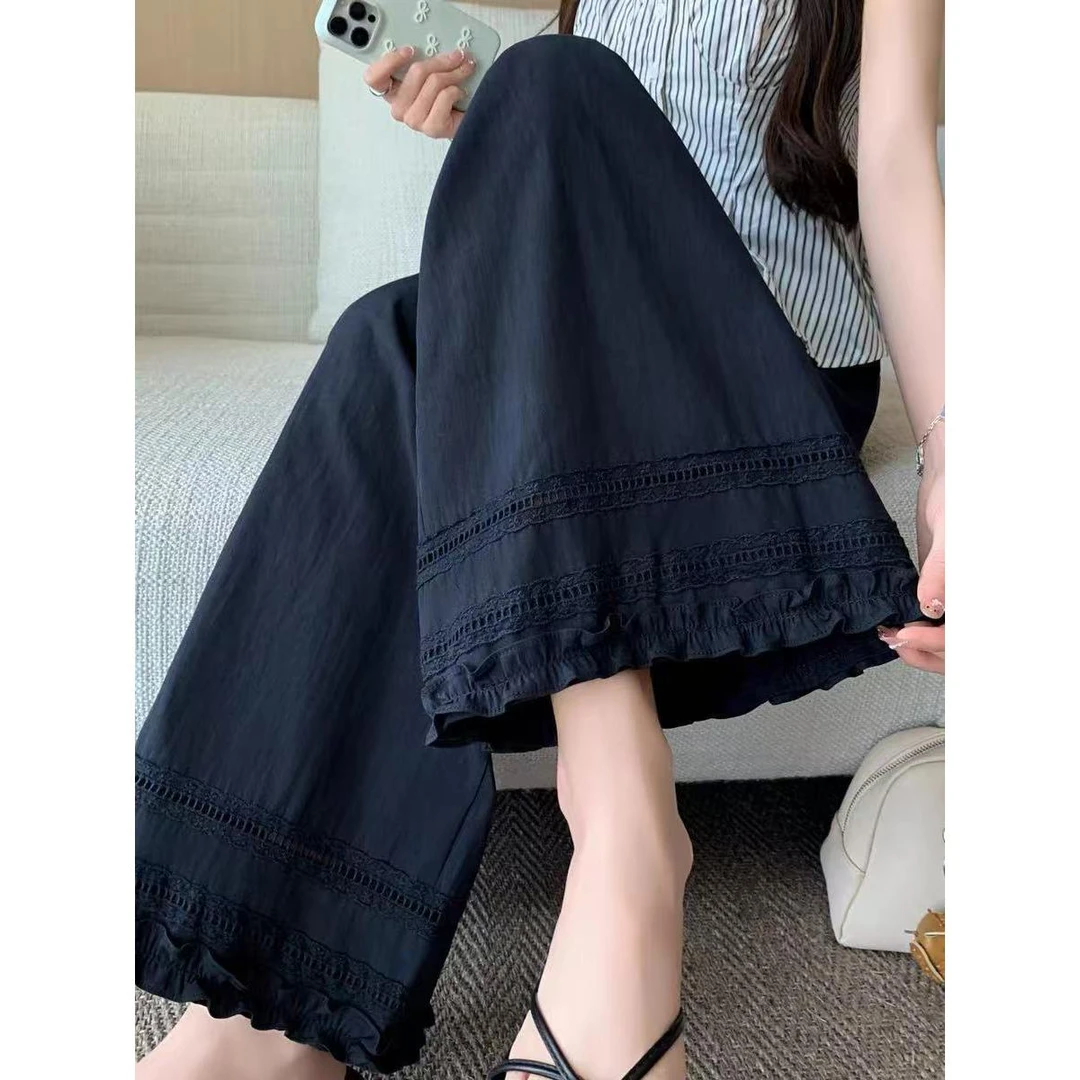 冰丝速干木耳边蕾丝勾花阔腿裤女夏季薄款小个子宽松九分直筒裤子