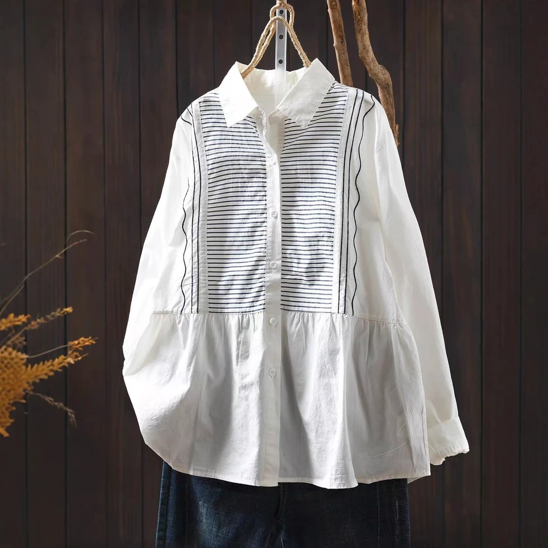 秋季新款 条纹拼接宽松减龄休闲百搭长袖衬衣上衣7317