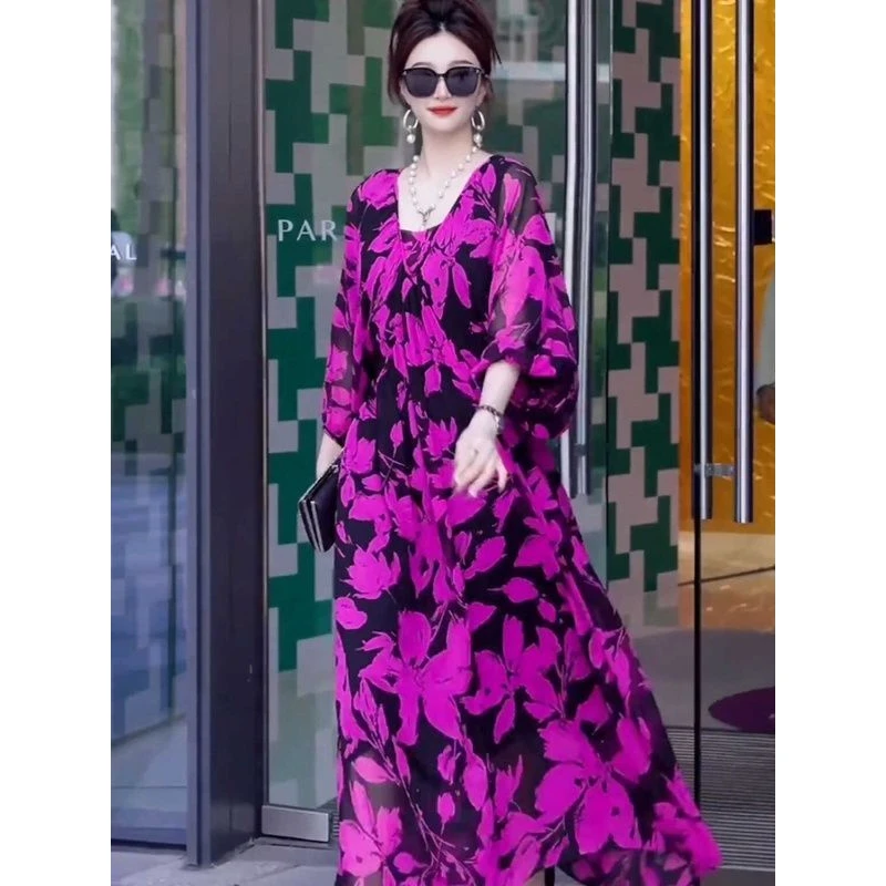 长款连衣裙2025春夏新款超仙高贵气质显瘦遮肉飘逸高级感印花裙子