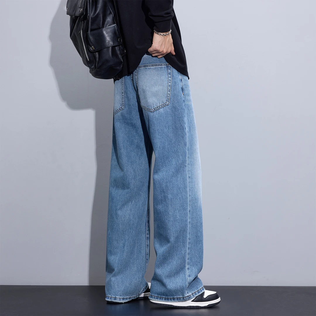 Kuvine2025秋季水洗磨边微喇牛仔裤男款宽松直筒美式复古休闲裤子