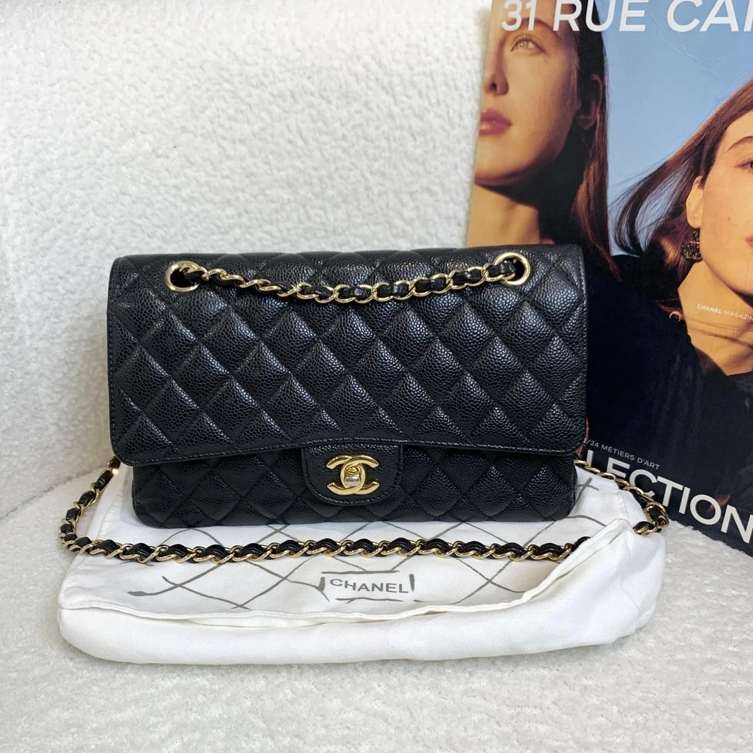 99新 Chanel/香奈儿 壹臻/21开 中号黑金荔枝CF单肩包/487113738
