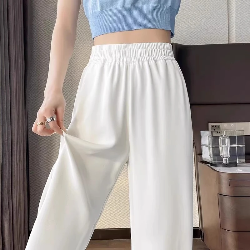白色冰丝窄版阔腿裤女2025秋季薄款高腰垂感小个子休闲西装松紧腰