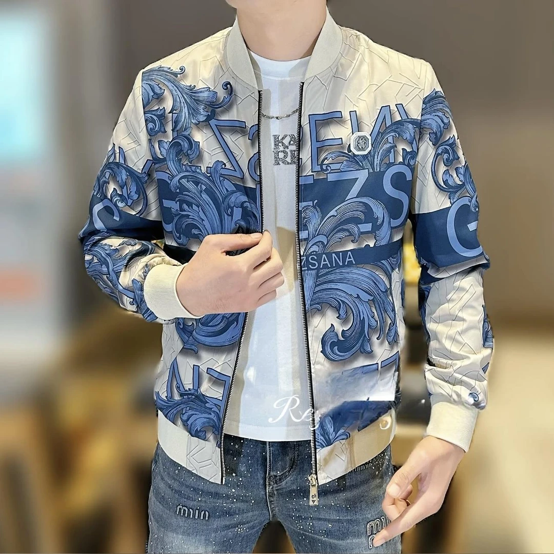 【专柜轻奢】欧货站春季新款潮牌网红重工印花夹克男时尚修身百搭休