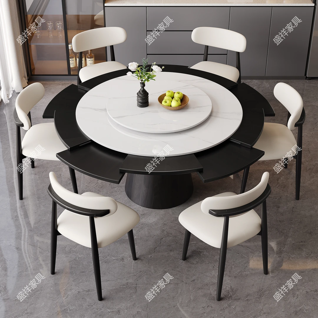 岩板旋转伸缩餐桌可变实木圆桌带转盘现代风多功能变径餐桌省空间