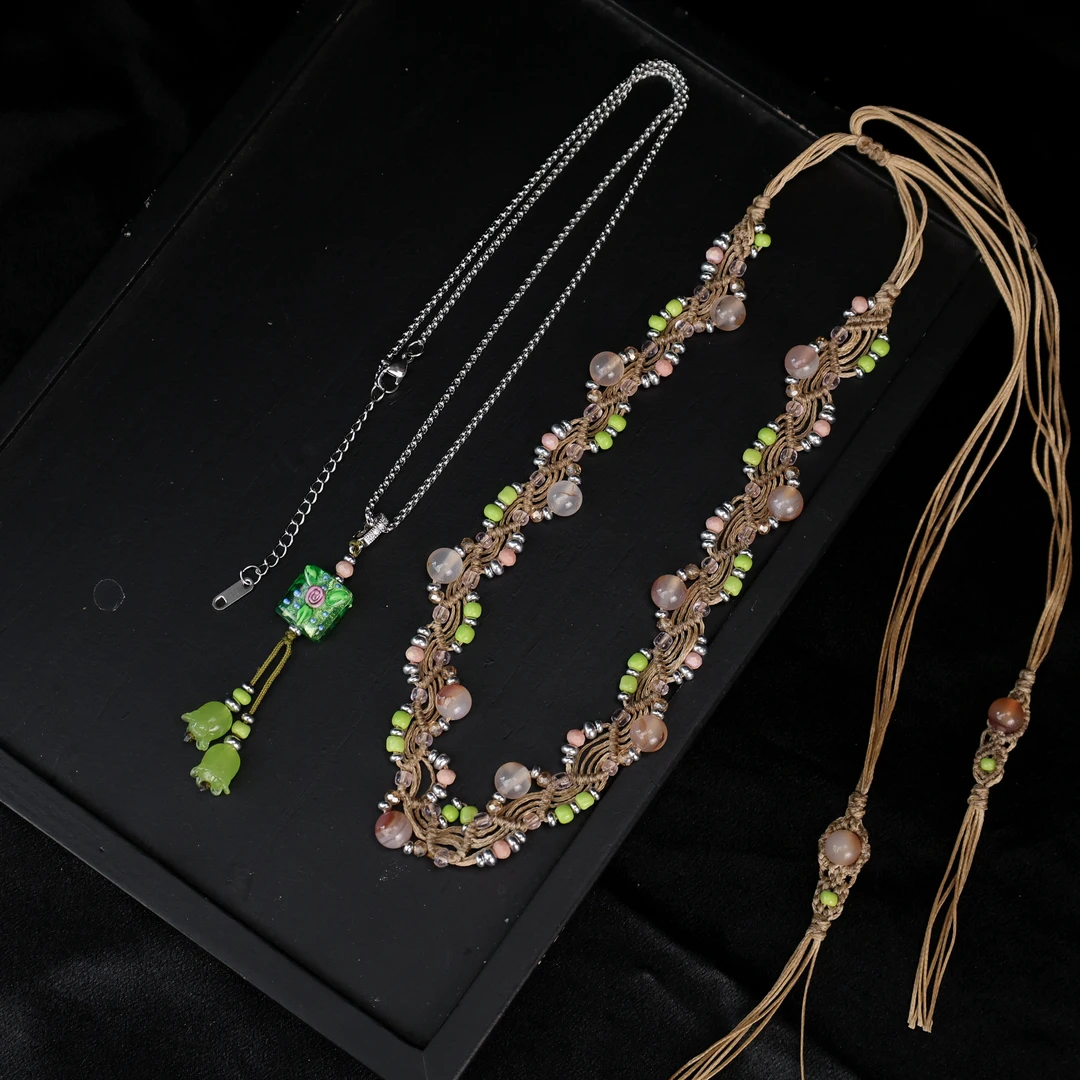 合金项链 LZ3805 【春和日丽】绿色方块蛋糕小花瑙瑙小米珠蜡绳项链