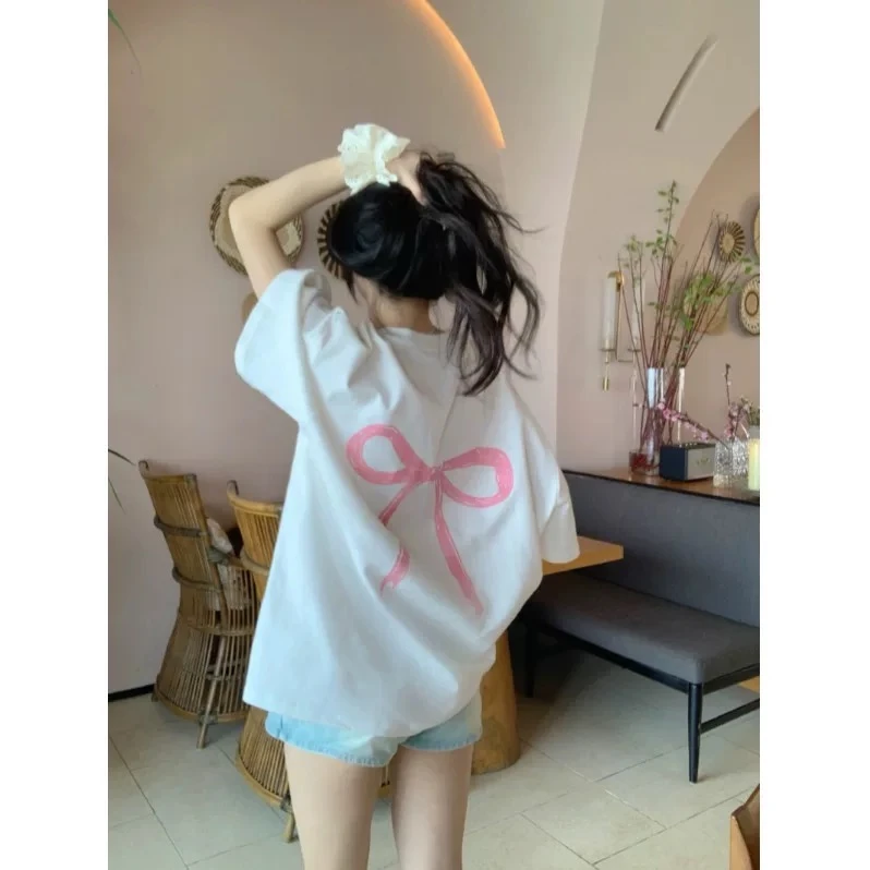 慵懒风后背蝴蝶结印花设计感纯棉短袖T恤女夏季宽松显瘦休闲上衣