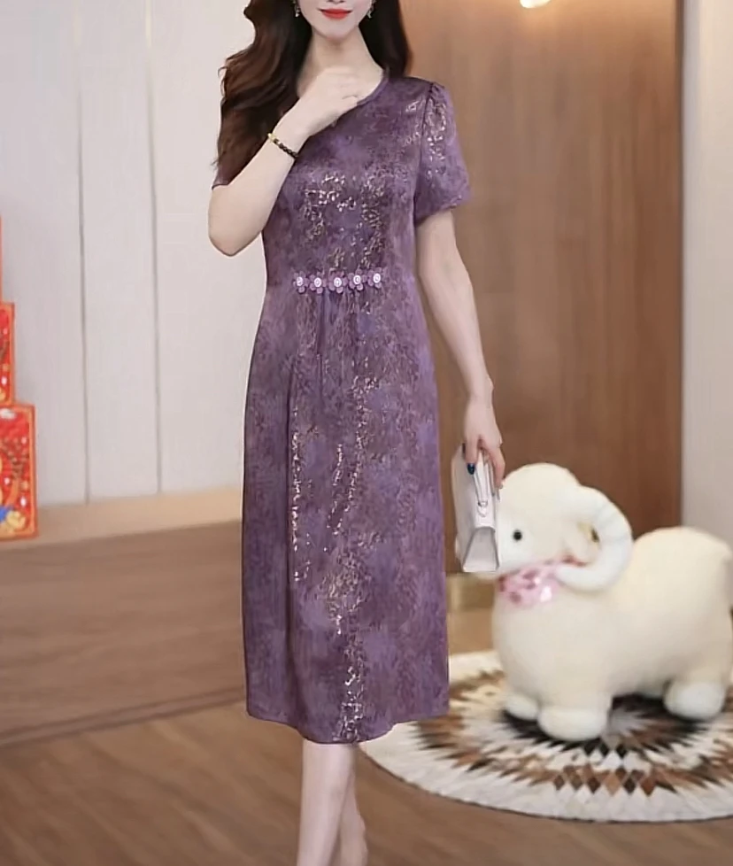 鑫鑫时尚女装桑蚕丝大码夏季连衣裙真丝裙子中式显瘦中老年妈妈装