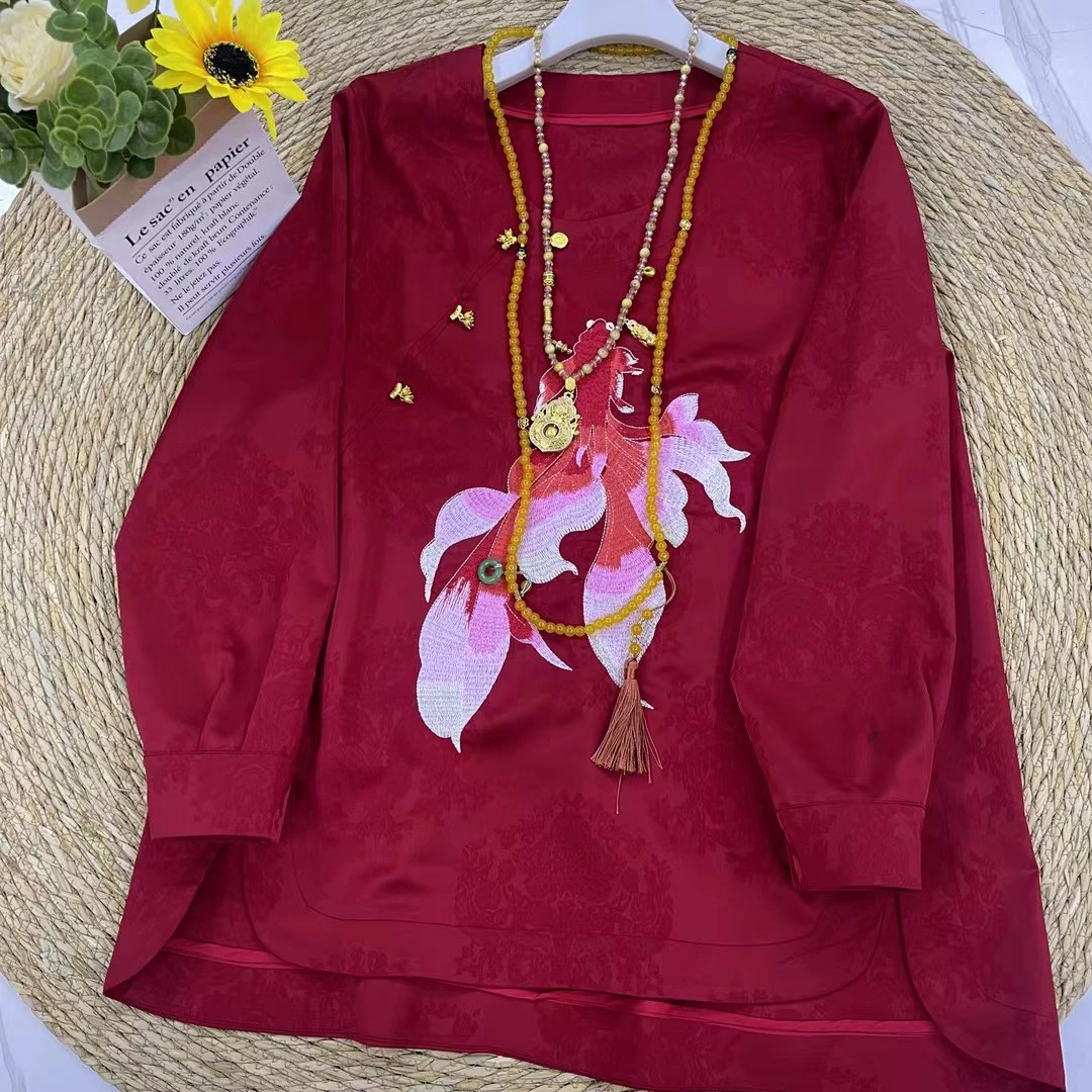 新中式“好运锦鲤”双面重工国风刺绣衬衫2025冬新款上衣内搭女