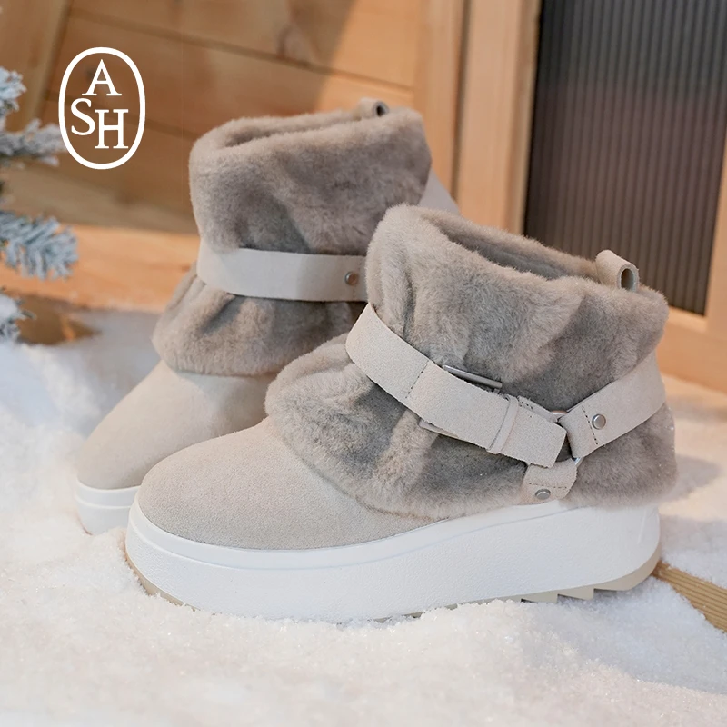 ASH女靴2025秋冬新款MOONRISE毛毛拼接雪地靴女圆头厚底增高短靴