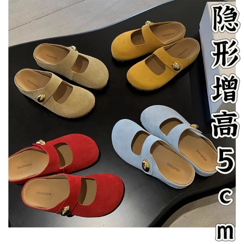葡萄妈同款2025新款内增高5cm小金豆玛丽珍勃肯半拖鞋女真皮厚底