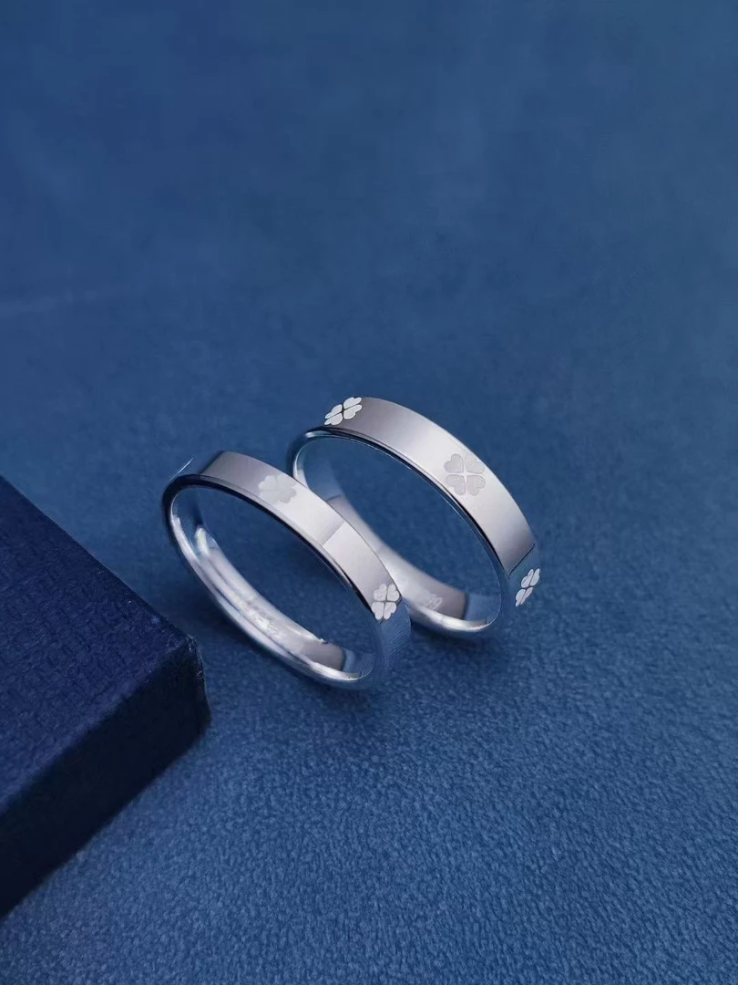 足银戒指 足银999纯银四叶草闭口戒指情侣对戒男女指环情人节礼物