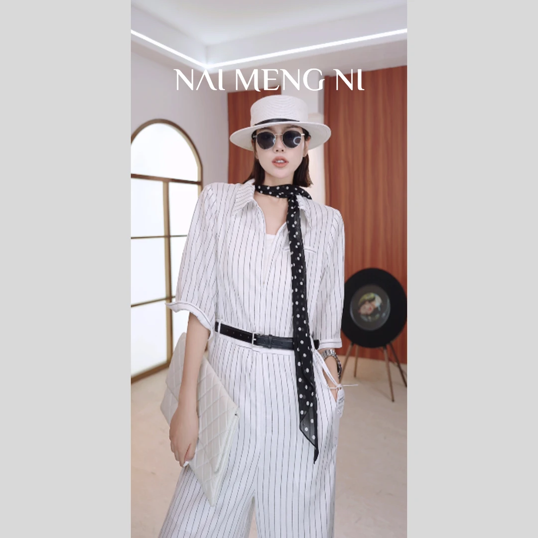 【娜美】NMN王火火&设计师显瘦遮肉气质简约条纹连体裤 25N26033