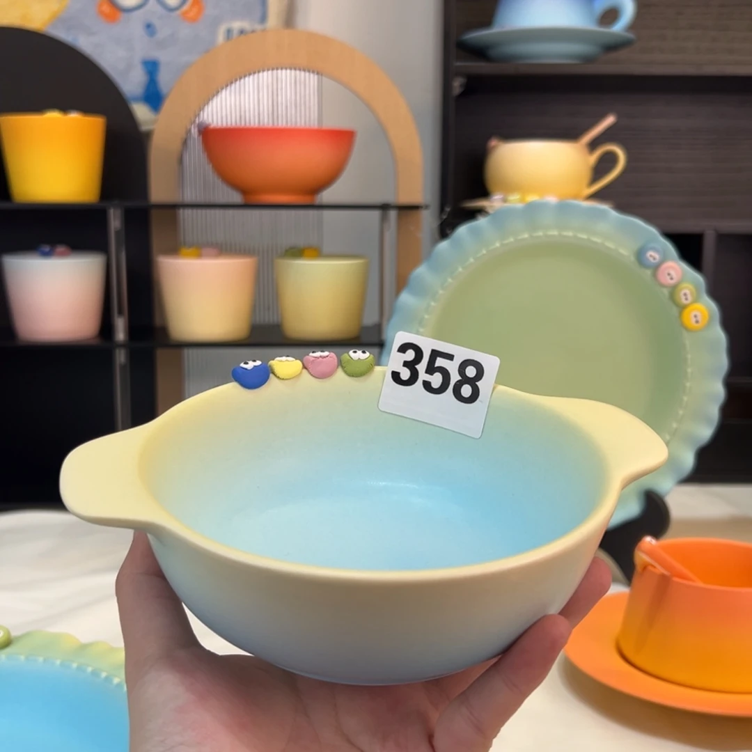 夏***)陶摆件大双耳碗 橙空映辉358