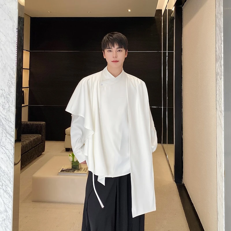 二次元风精致韩风尖领春季衬衫外套男士白衬衫设计感长袖白色休闲