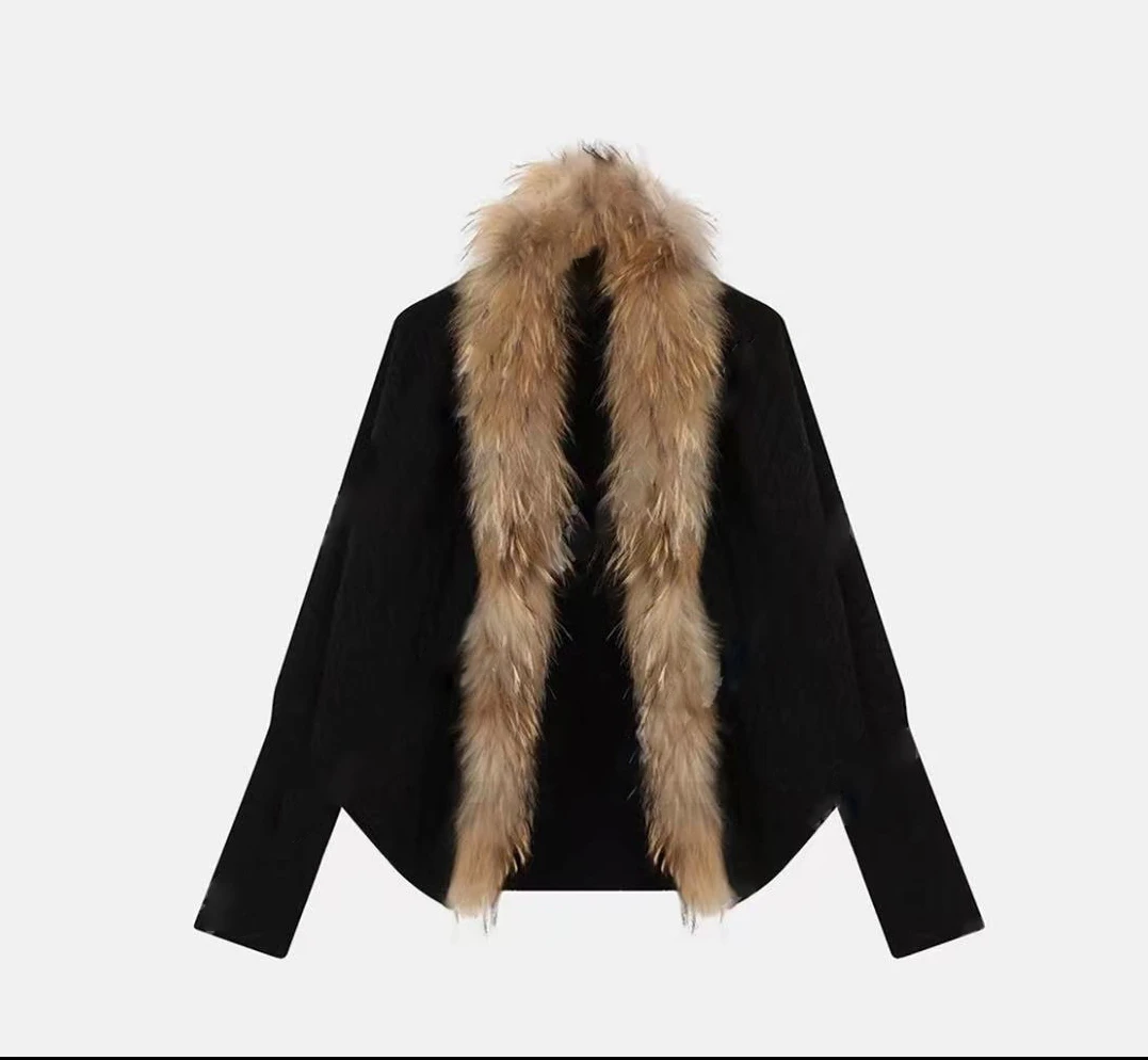 Crainfull【南法日落】黑色蝙蝠袖麻花纹理感拼接毛领外套