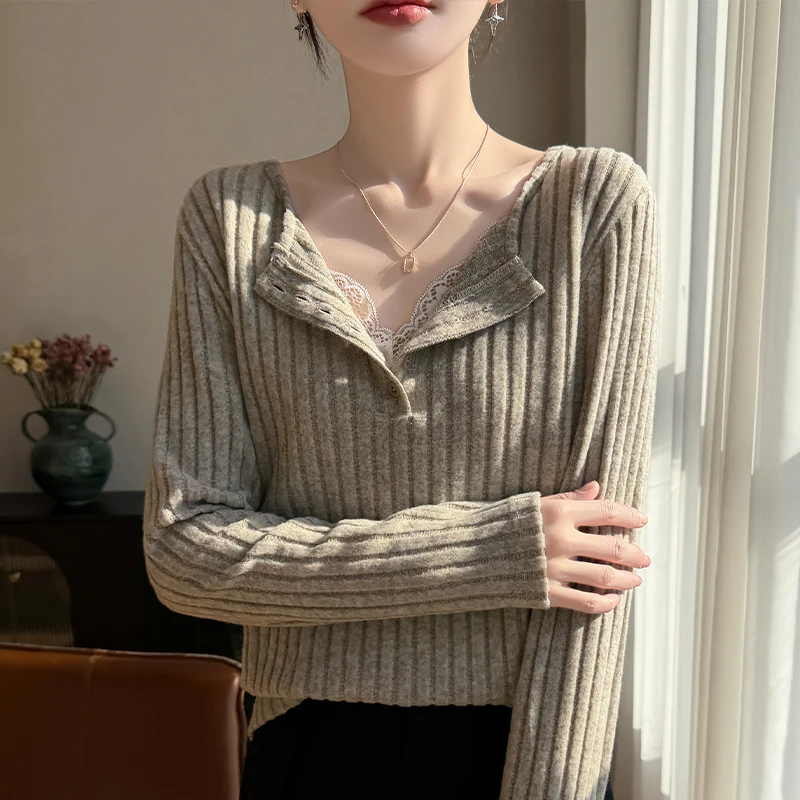 【现货宠粉】新款长袖针织衫女套头半开衫短款打底洋气内搭亲肤上衣