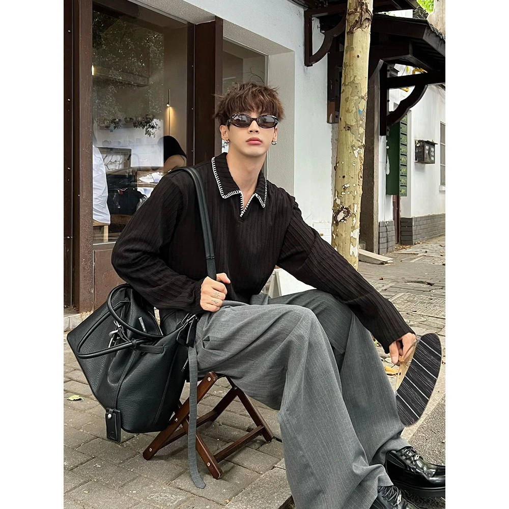 黑色手缝线V领长袖t恤男生秋季高级感麦穗纹Polo衫内搭打底衫上衣