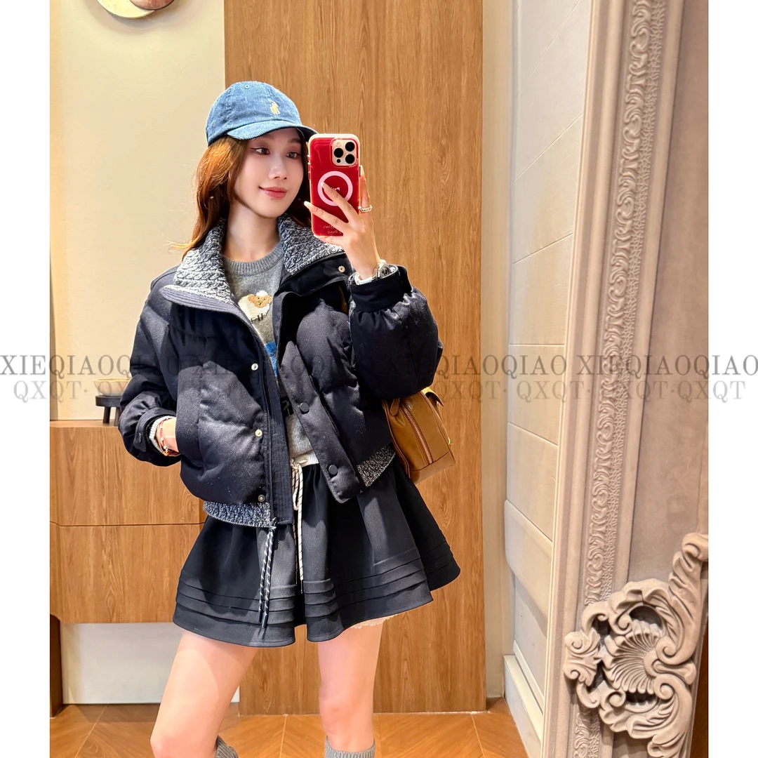 谢荞荞「罗曼林街」绵羊毛90白鸭绒拼接针织翻领保暖宽松羽绒服外套