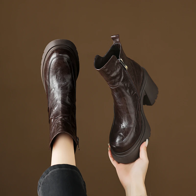 羊皮/10cm/冬季新款时装靴粗跟防滑增高跟厚底舒适轻便圆头短靴