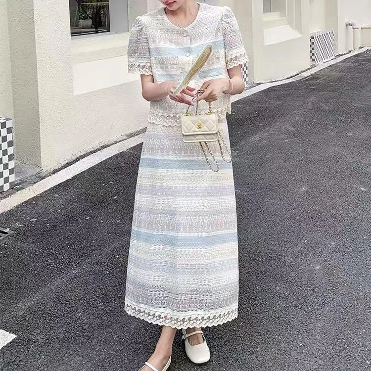 421/6133 /156-18  蕾丝小香风套装女上衣半身裙两件套