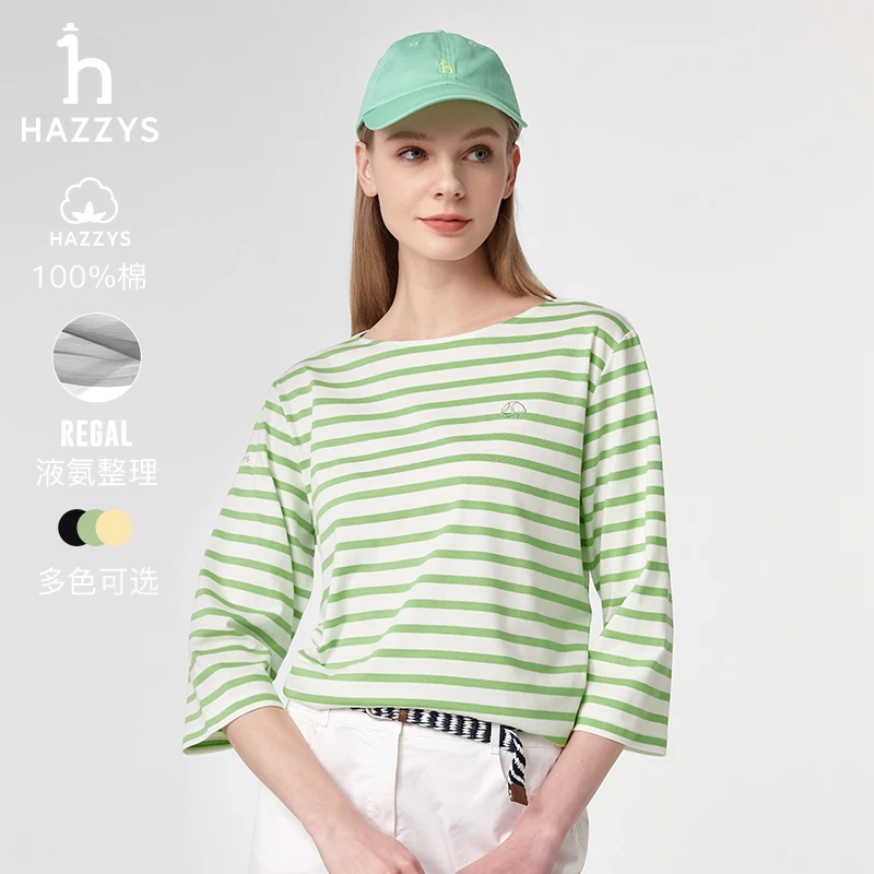 【PHIZ】Hazzys哈吉斯T恤条纹长袖女士春夏套头简约休闲内搭打底衫