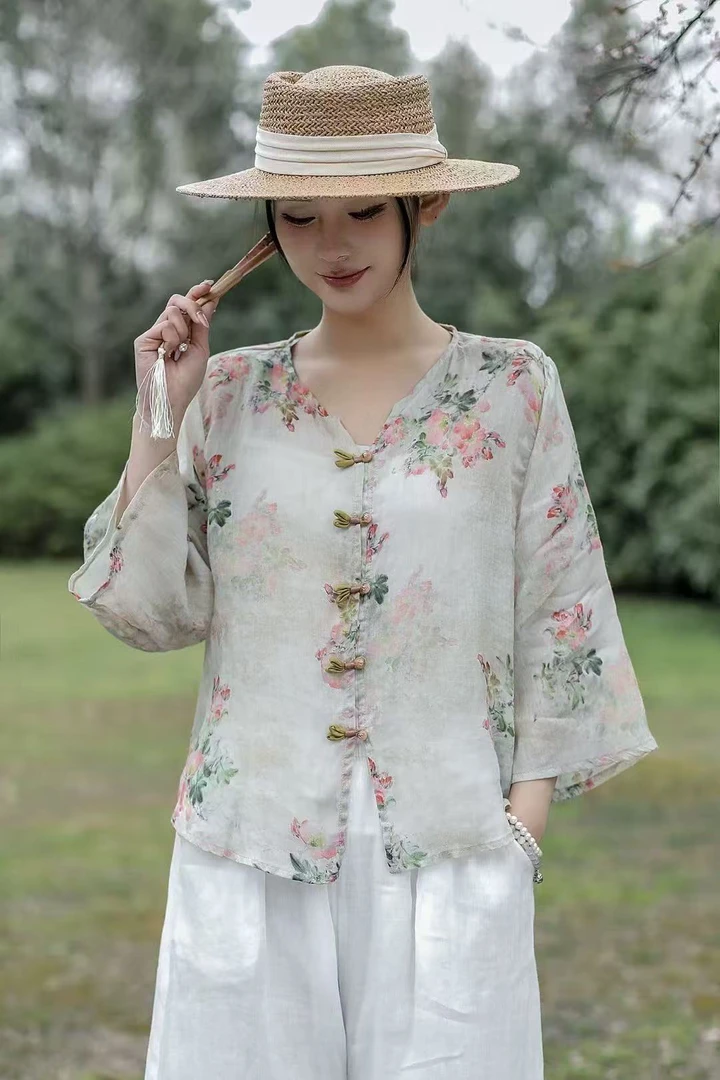 2025夏季新款苎麻小衫复古文艺印花上衣时尚宽松显瘦衬衫女