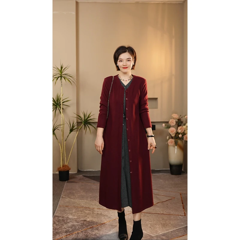 秋季新款V领单排扣兰法式轻奢显瘦时尚修身气质长款连衣裙118