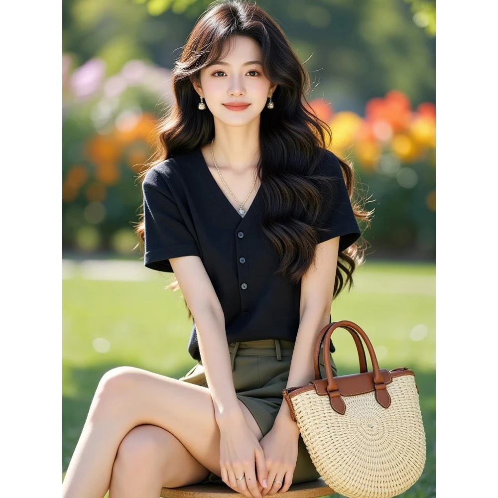 JY#韩系chic温柔翻领短袖衬衫女夏季款休闲百搭简约小衫DY13468