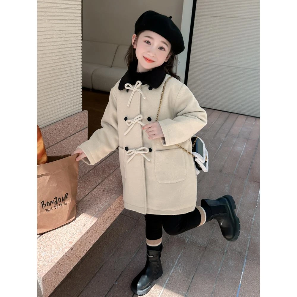 女童外套秋冬款2025新款儿童冬季加厚夹棉洋气宝宝中长款毛呢大衣