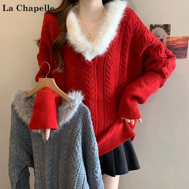 拉夏贝尔秋冬大码新年圣诞氛围感毛毛V领麻花毛衣胖mm针织上衣女