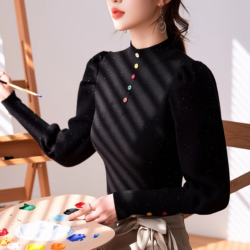时尚高级感半高领针织衫女2025秋冬季新款黑色修身打底衫长袖毛衣