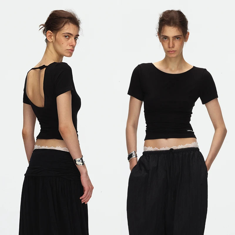 ECHOADE柔软舒适 甄选含羊绒材质 大开口领型露背设计收腰短袖T恤