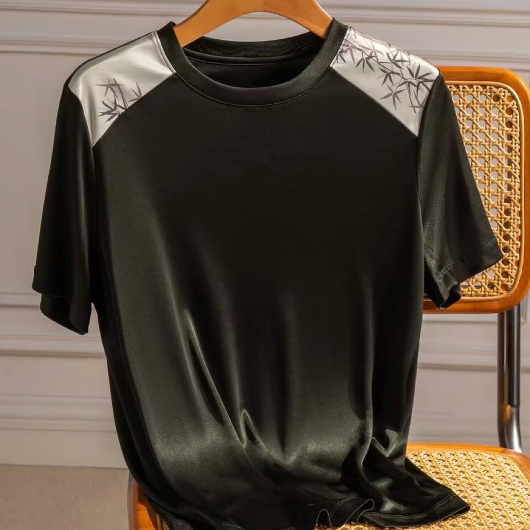 三醋酸国风T恤时尚黑色圆领宽松百搭外穿纯色国风拼接短袖上衣