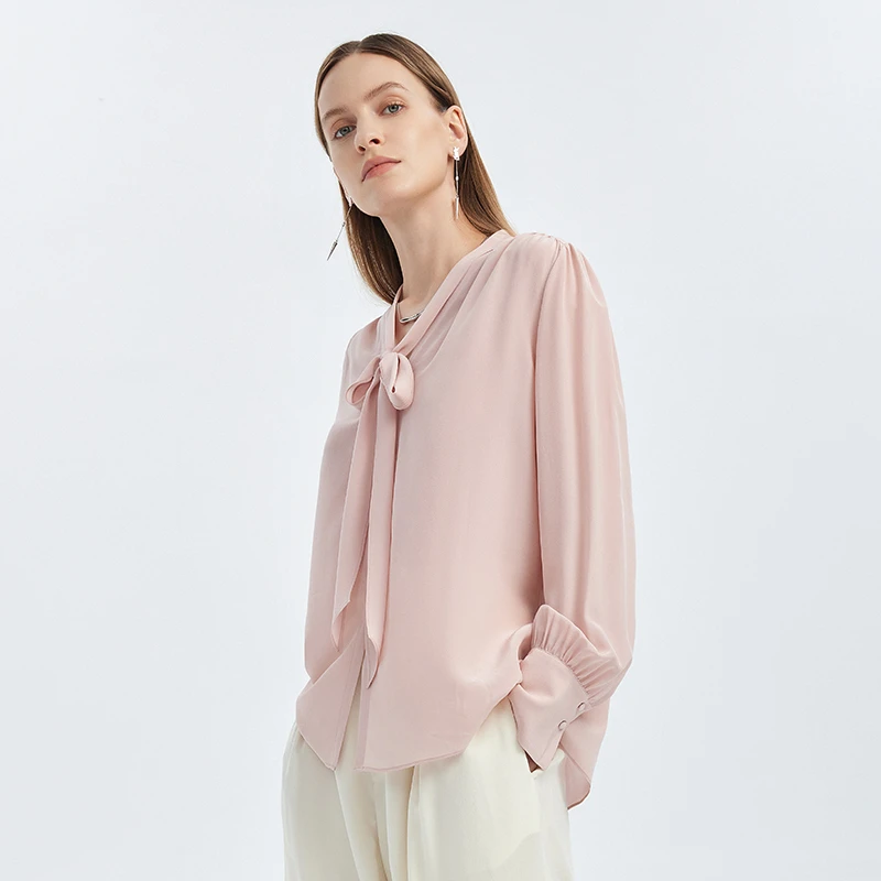 100%桑蚕丝女士长袖优雅飘带衬衫73081004