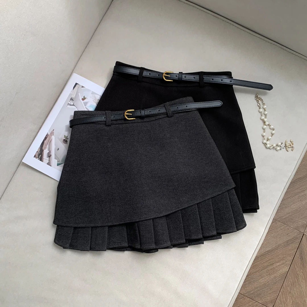 【南油溪溪】韩系不规则拼接百褶裙配腰带时尚气质半身裙802093