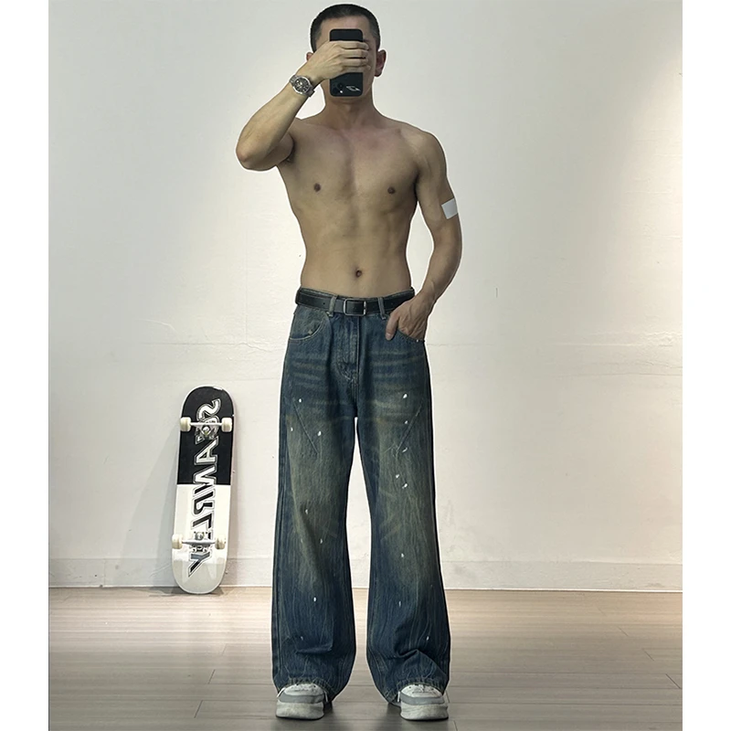 美式高街潮牌复古巴黎脏脏风泼墨微喇牛仔裤男女宽松阔腿裤长裤
