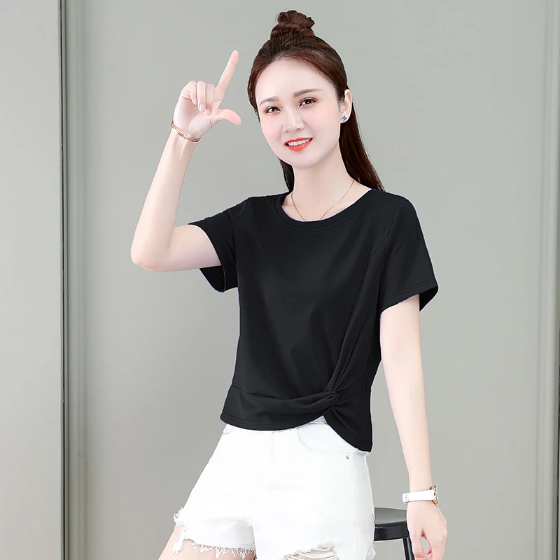 不规则短袖t恤女夏季2025新款打结漂亮小衫时尚洋气减龄短款上衣