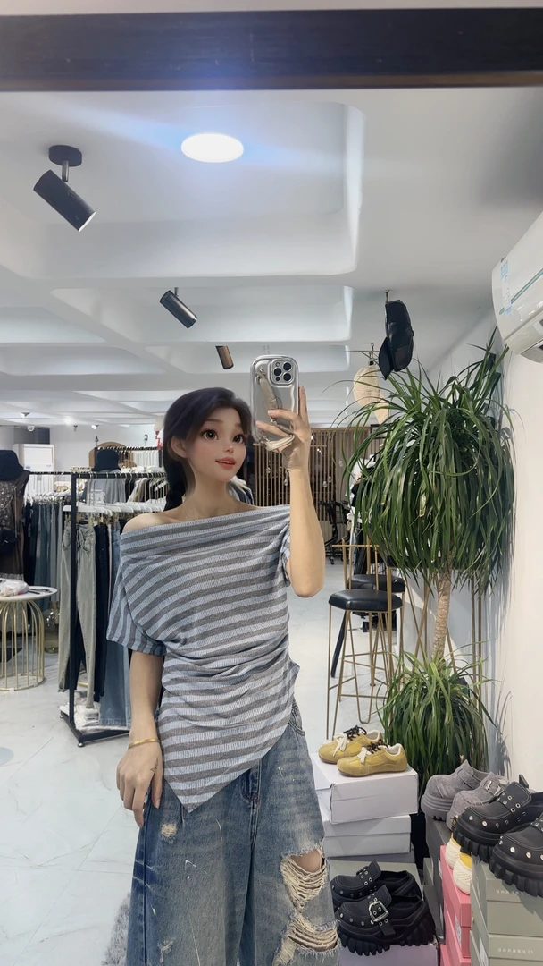 条纹一字肩腰带佩戴显瘦时尚闺蜜女装