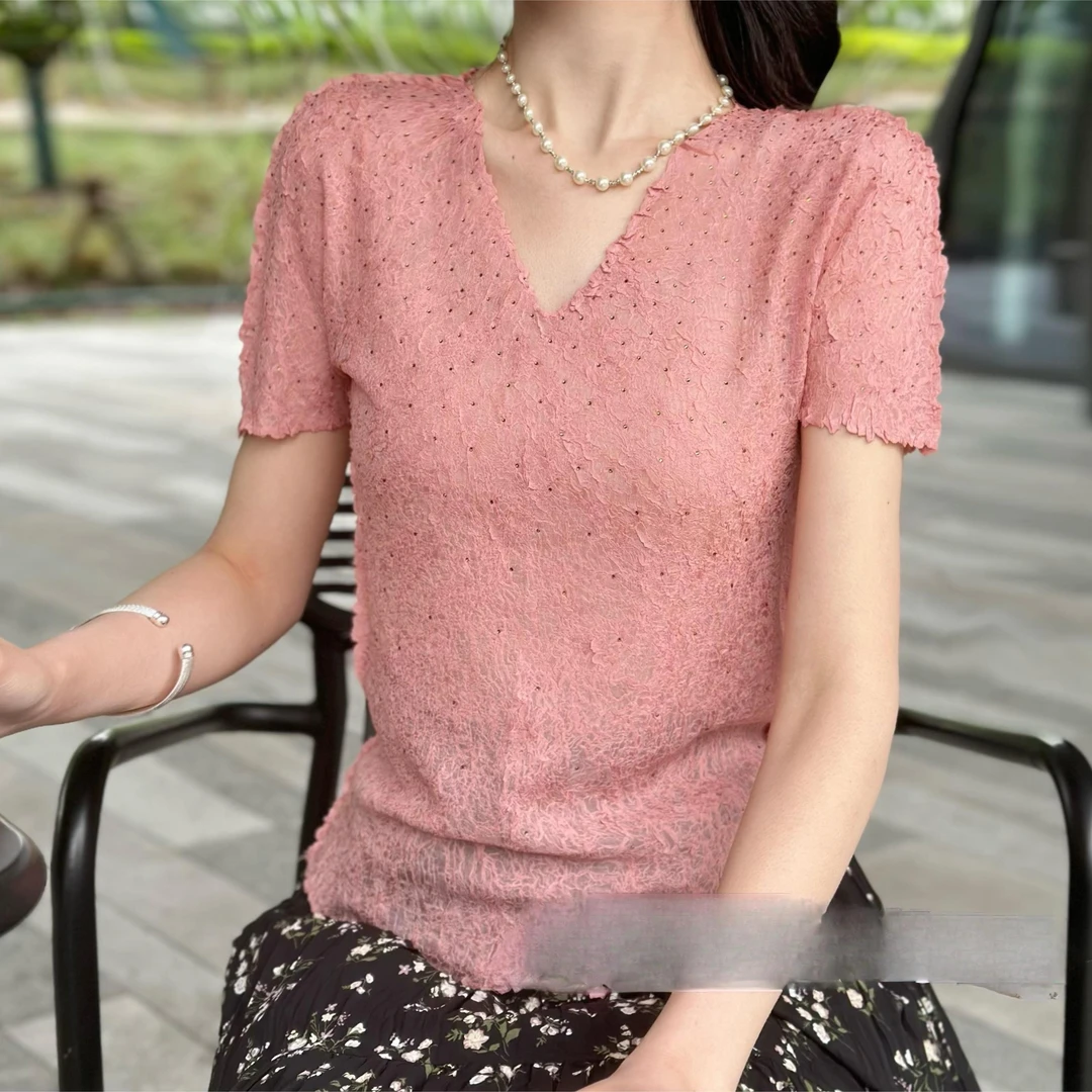 66060褶皱烫钻V领纯色短袖小衫百搭时尚显瘦女