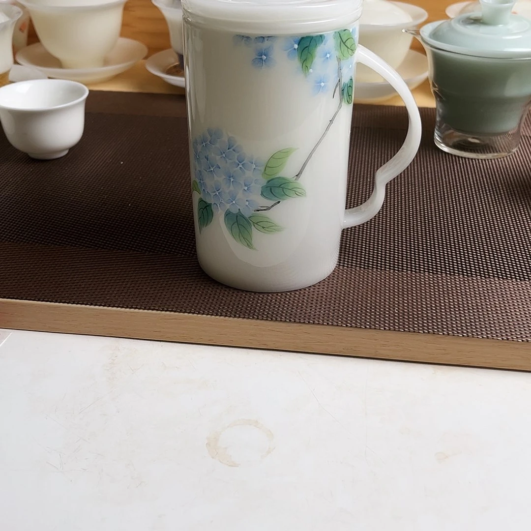 瓷片风***飞璞玉瓷纯手绘绣球花办公杯