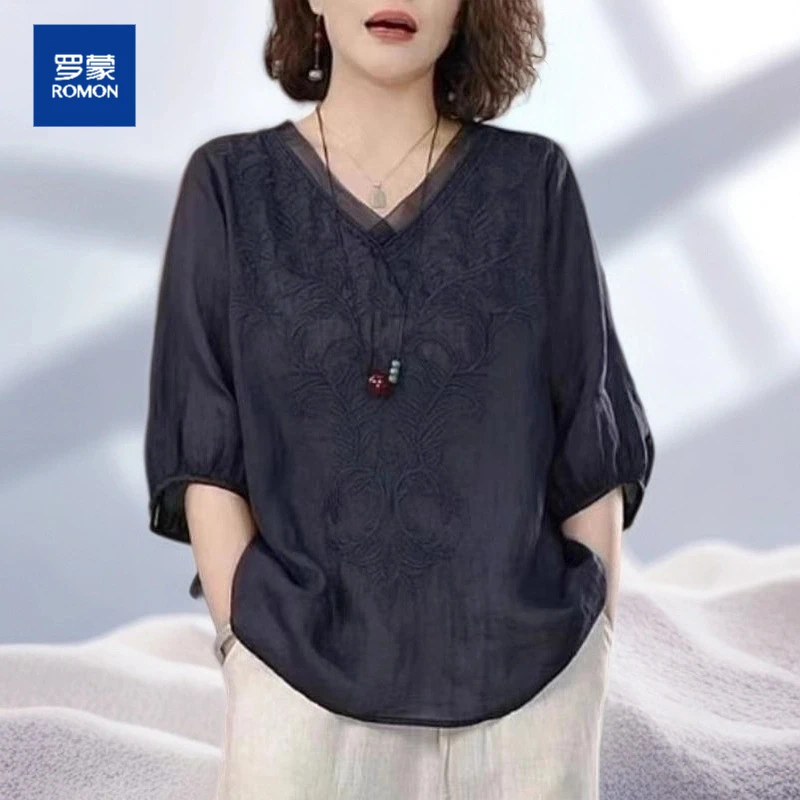 高端苎麻刺绣衬衫女薄款中年妈妈夏装棉麻上衣素订亚麻阔太太小衫