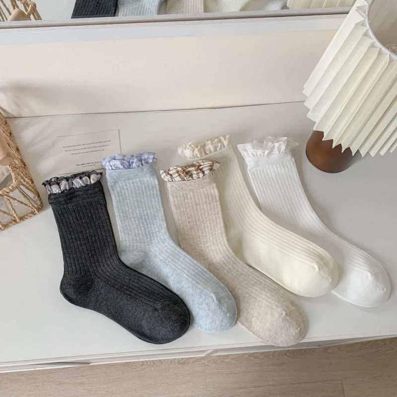 袜子女春夏新款竖条花边堆堆袜高弹双层中筒时尚高颜值精梳棉女