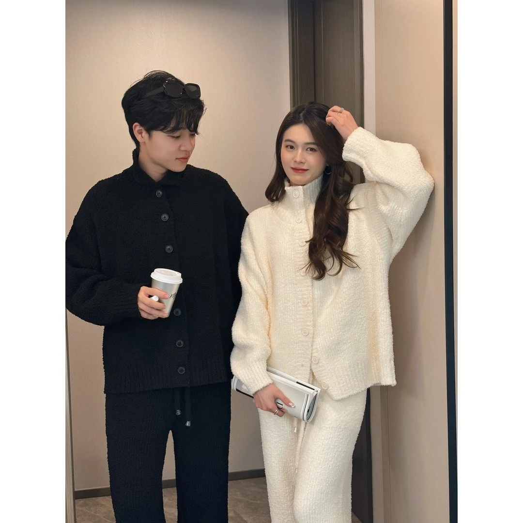 甜美简约纯色针织半边绒睡衣女秋冬新款加厚保暖家居服套装可外穿