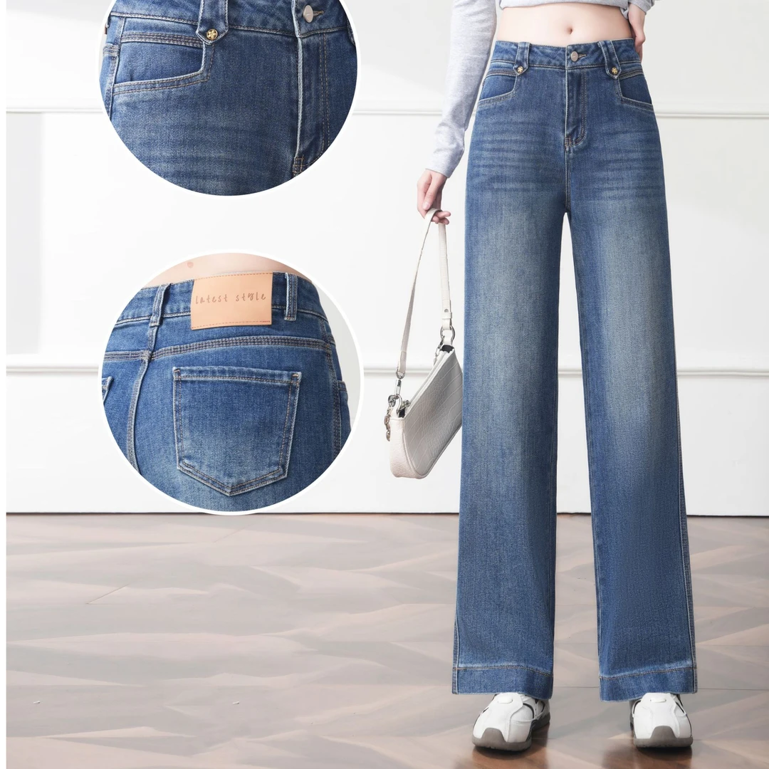 春季双袢子小菊花设计师款时尚洋气显瘦休闲阔腿牛仔裤C 266817