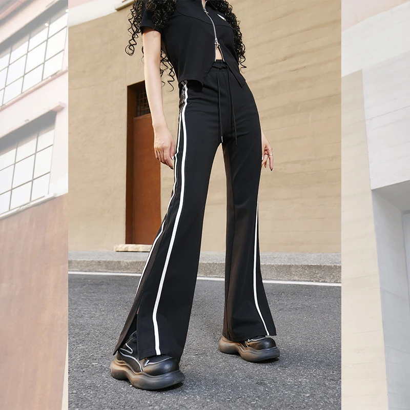 开衩阔腿裤喇叭裤女高腰显瘦收腹提臀紧身运动休闲裤春夏C40107