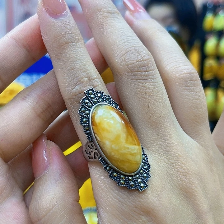 蜜蜡银S925镶嵌裸石戒指