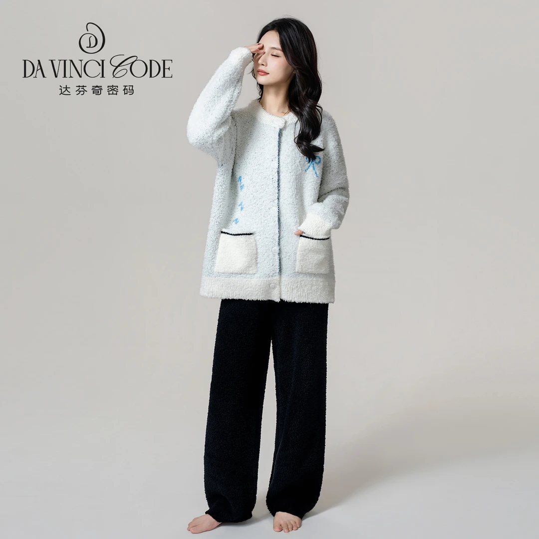 DAVINCIART秋冬蓝蝴蝶结绒款睡衣女半边绒套装保暖情侣款家居服
