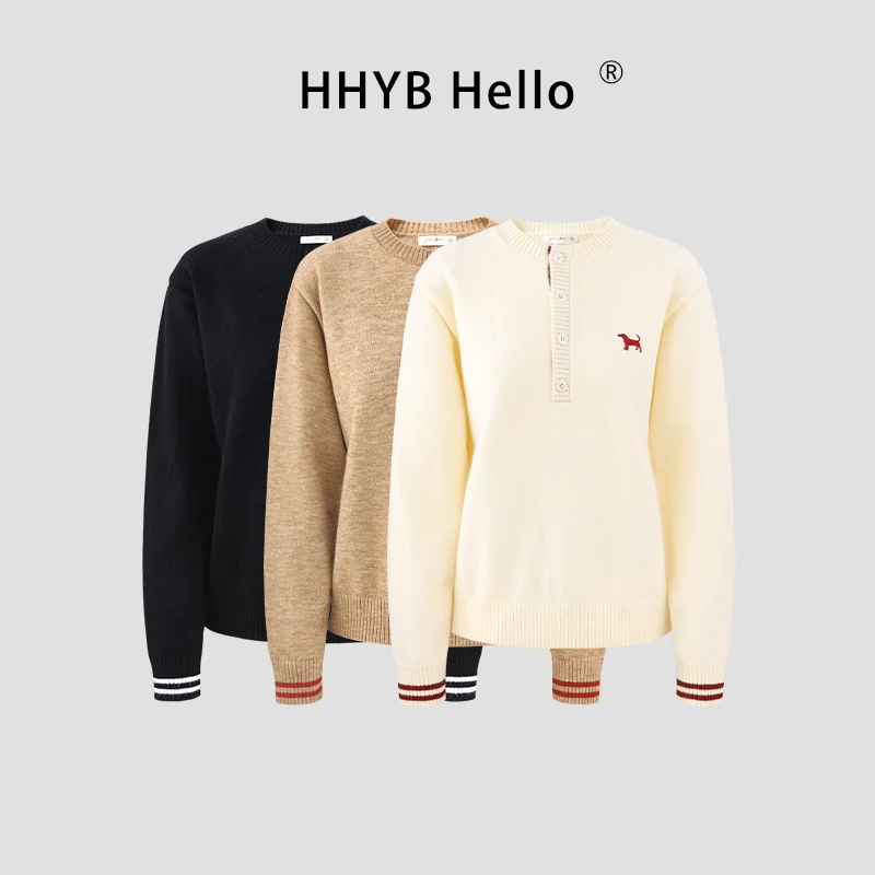 HHYB Hello小狗刺绣宽松复古潮流慵懒亨利款长袖针织衫女M1590